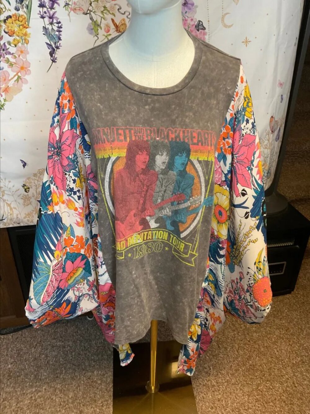 Joan Jett & the Blackhearts Upcycled Tee with Flowy Printed Sleeves - OSFM